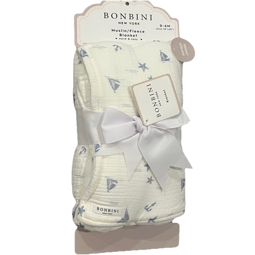 BONBINI Cotton Muslin Baby Blanket Blue Boats Anchor Soft Lining White New